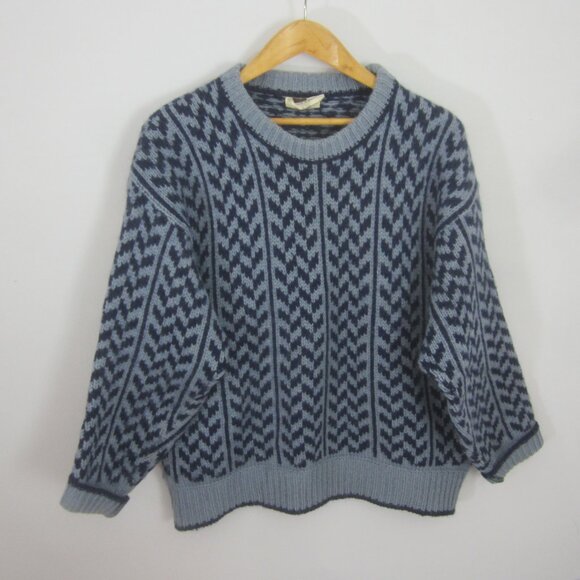 Runox Unisex L Scandinavian 100% Wool Blue Navy Crewneck Sweater Made in Denmark - Picture 1 of 10